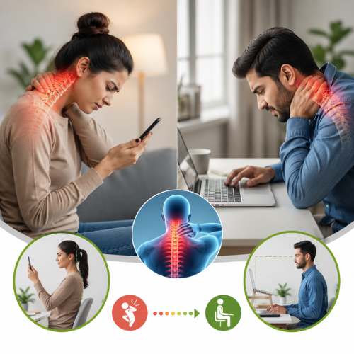 Person holding their neck in pain from prolonged mobile and laptop use, illustrating tech neck and cervical strain.